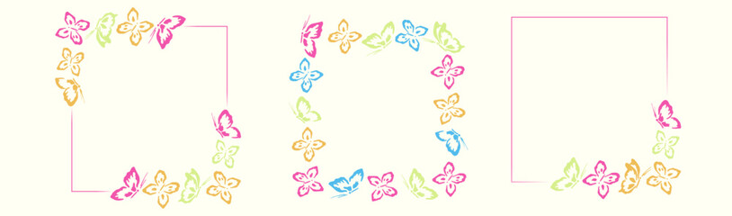Colorful square butterfly frame set &ndash; multicolor butterfly silhouettes in pastel tones	


