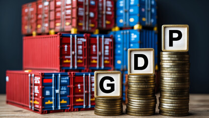 Obraz premium GDP increase concept with shipping containers and coins representing market growth.