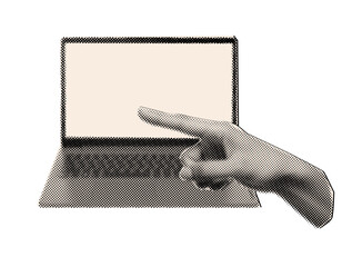 Modern halftone collage,hand pointing on laptop notebook and finger pointing at copy space location