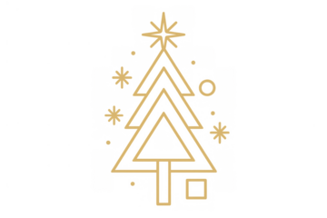 Gold line art christmas tree icon illustrating winter holidays, festive geometric design, and new year celebration on transparent background