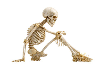 Fototapeta premium Decorative human skeleton resting on white background on a transparent background, cut out
