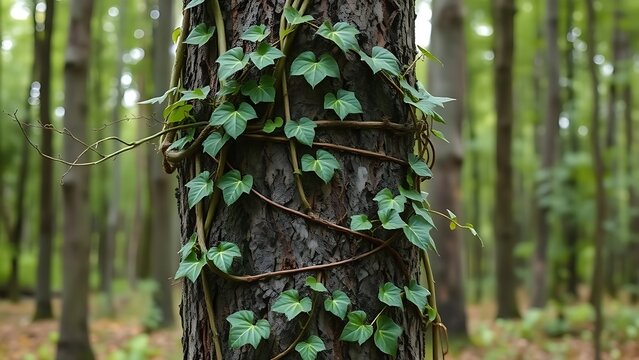 uneducated. A tightly wrapped vine constricting a tree trunk in a forest, botanical detail. gardening catalogs, home-decor guides, designed for home decor and floral branding.
