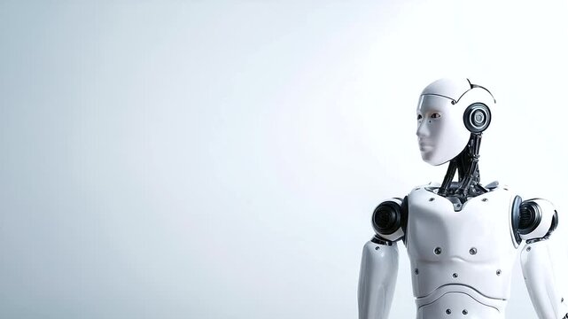 Full-body humanoid robot on a white backdrop, advanced manufacturing in robotic design, robotics evolution in minimalist tech, industrial automation in sleek figures, future engine