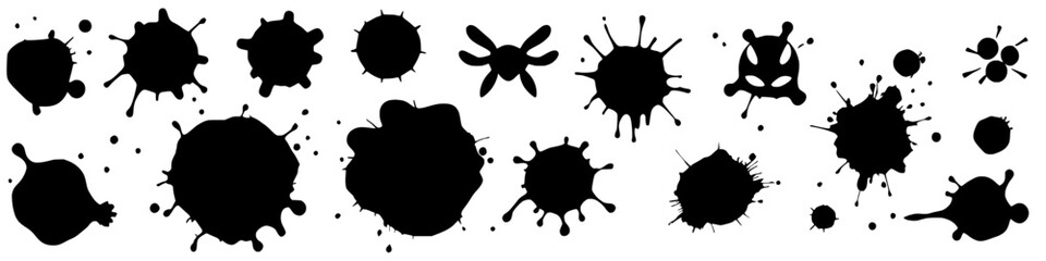 collection of abstract black ink splatter shapes and designs on a transparent background