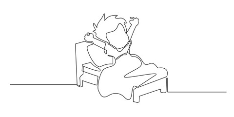 Continuous line drawing of a child waking up and stretching in bed.
Simple one line art illustration of a sleepy kid sitting on bed after waking up in the morning.