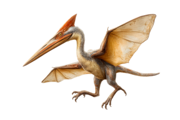 Pterodactyl with large wings and crest poses on a white background on a transparent background, cut out