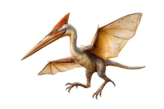 Pterodactyl with large wings and crest poses on a white background on a transparent background, cut out