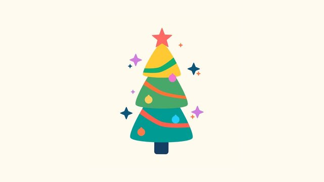 Festive Flat Christmas Tree with Multicolor Ornaments and Star Top for Modern Holiday Greeting Design