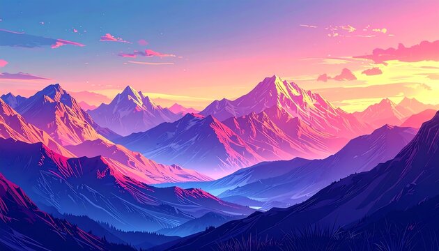 Animated mountain range with pink, purple, and blue hues under a vibrant, partly cloudy sky at sunset/sunrise