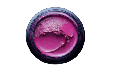 Top view of vibrant magenta hair wax in a container against a for styling purposes on transparent background