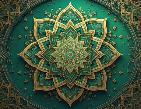 Ornate golden and teal geometric floral design on a textured background