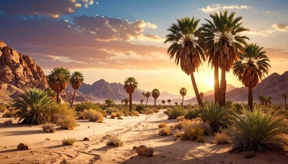 Arid landscape at sunset. Desert scene, palm trees, dusty path, mountains in background, golden sun, cloudy sky