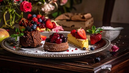 Assorted pastries with berries on a silver tray, dusted with sugar; roses & fruit bowl in background