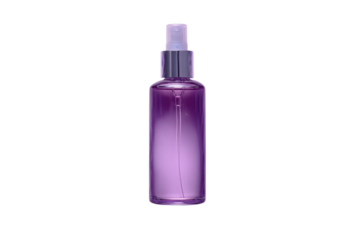 Elegant purple spray bottle with a silver cap showcases a refreshing fragrance on transparent background