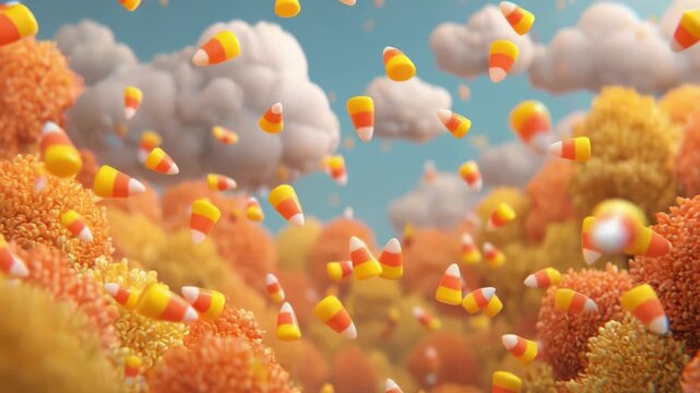 A Whimsical Autumn Scene Filled with Floating Candy Corn Among Colorful Trees and Soft Clouds, Creating a Dreamlike Atmosphere Perfect for Embracing Seasonal Charm.
