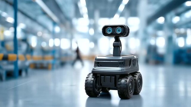 Mobile surveillance robot in a tech environment, advanced manufacturing in security tech, robotics evolution in surveillance systems, industrial automation in mobile units, future