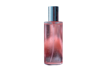 Elegant perfume bottle with pink liquid and silver cap for beauty and fragrance on transparent background