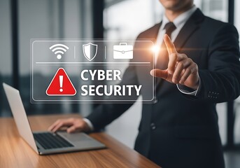 Businessman interacting with cyber security interface