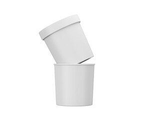 Two blank, white cylindrical tubs stacked, one balanced diagonally on the other. 3d illustration
