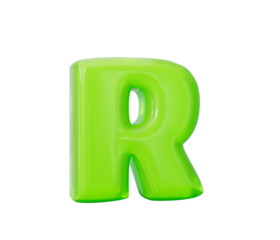 Vibrant green jelly like 3D letter R with glossy texture, transparent. 3d illustration