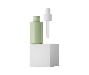 Cosmetic dropper bottle with open cap, displayed on a white pedestal stand. 3d illustration