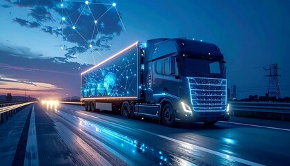 Blue-lit truck with digital overlay speeds on a highway at twilight