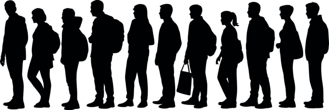 Silhouette of diverse people waiting in line concept black and white