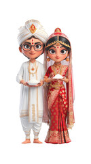 Fototapeta premium Indian Wedding Couple Together PNG on White Background. Isolated painting for invitation card, web design, prints