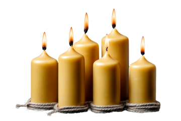 Five lit beeswax pillar candles tied with rope on black on a transparent background, cut out