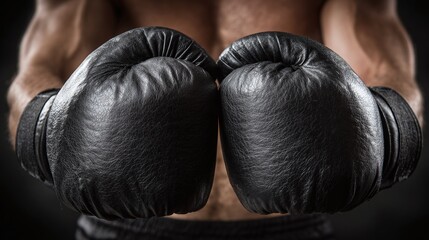 Close-up shot of black boxing gloves, prepped for a powerful match. The muscular build hints at an athlete ready to take on the competition in intense boxing.
