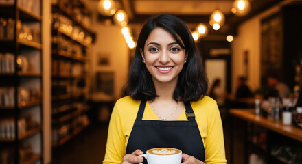 A vibrant and welcoming young woman barista in a yellow top and apron stands in a cozy cafe
