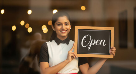 young hostess in a cafe or restaurant stands at the entrance, holding an 'Open' sign to welcome customers with a friendly invitation.