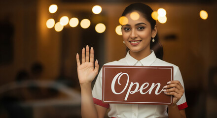 young hostess in a cafe or restaurant stands at the entrance, holding an 'Open' sign to welcome customers with a friendly invitation.