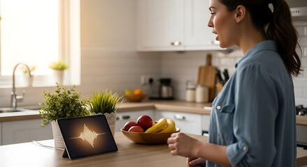 Woman Interacting with Smart Display in Modern Kitchen.
