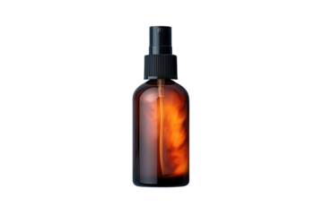 Amber spray bottle with black nozzle for aromatherapy essential oils or cosmetic product packaging mockup on transparent background