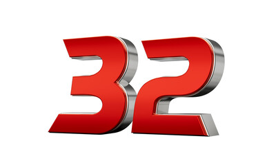 Metallic Red number 32 Thirty two with a glossy finish and reflective silver edges. 3d illustration