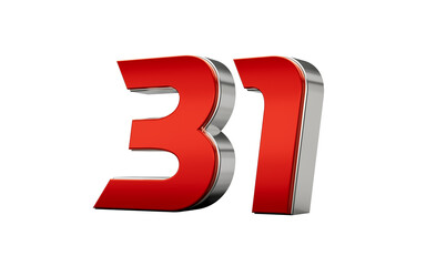 Metallic Red number 31 Thirty one with a glossy finish and reflective silver edges. 3d illustration