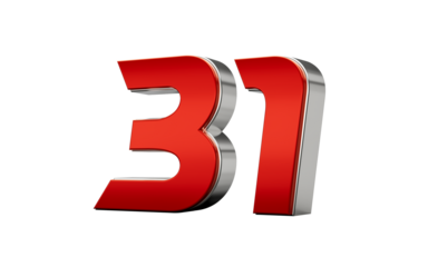 Metallic Red number 31 Thirty one with a glossy finish and reflective silver edges. 3d illustration