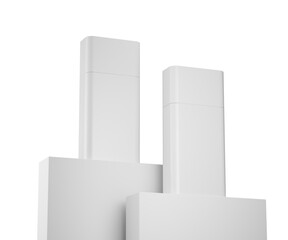 Luxury white rectangular pump bottles and packaging mockup on geometric stands. 3d illustration
