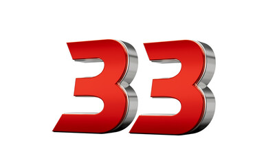 Metallic Red number 33 Thirty three with a glossy finish and reflective silver edges. 3d illustration