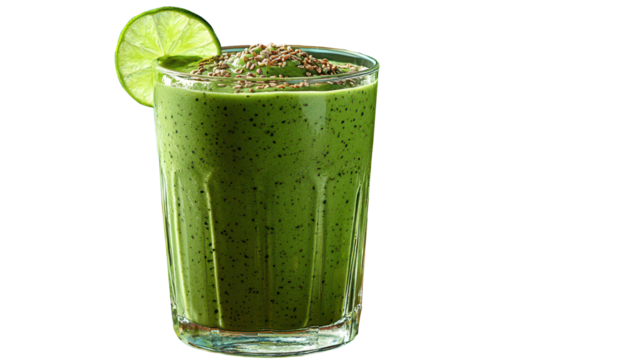 A vibrant avocado smoothie topped with a lime slice, placed on a patio table with blurred ocean waves creating a serene backdrop.