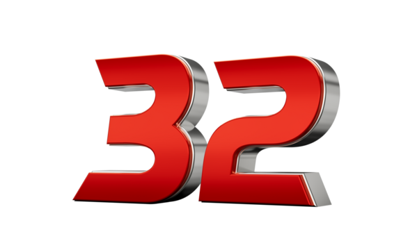 Metallic Red number 32 Thirty two with a glossy finish and reflective silver edges. 3d illustration