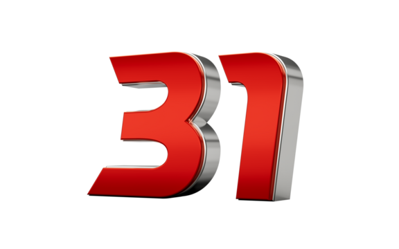 Metallic Red number 31 Thirty one with a glossy finish and reflective silver edges. 3d illustration - Powered by Adobe