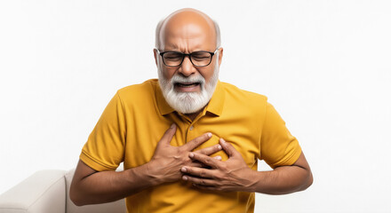 Indian man in a yellow shirt sits clutching his chest in distress, visually representing heart pain and medical urgency