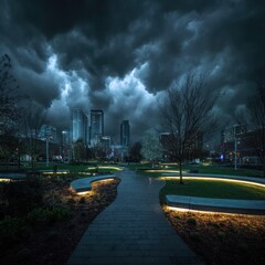 City Park Dark Moody Sky Over Modern Buildings