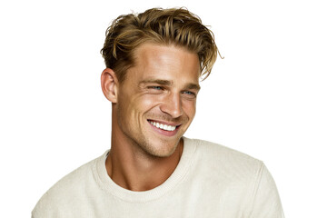 Man with Blond Hair Smiling and Looking Away on a transparent background, cut out
