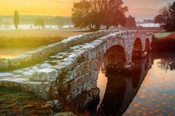 Ancient stone bridge with arched spans crosses calm river at sunrise, reflecting golden light and surrounded by misty autumn trees Generative AI