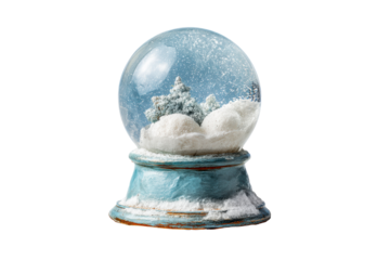 Snow globe with miniature trees and snow on a transparent background, cut out