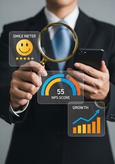 Business analytics with magnifying glass data chart