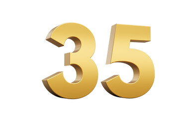 3D Golden number 35 Thirty five with a shiny metallic finish and sharp edges, 3d illustration